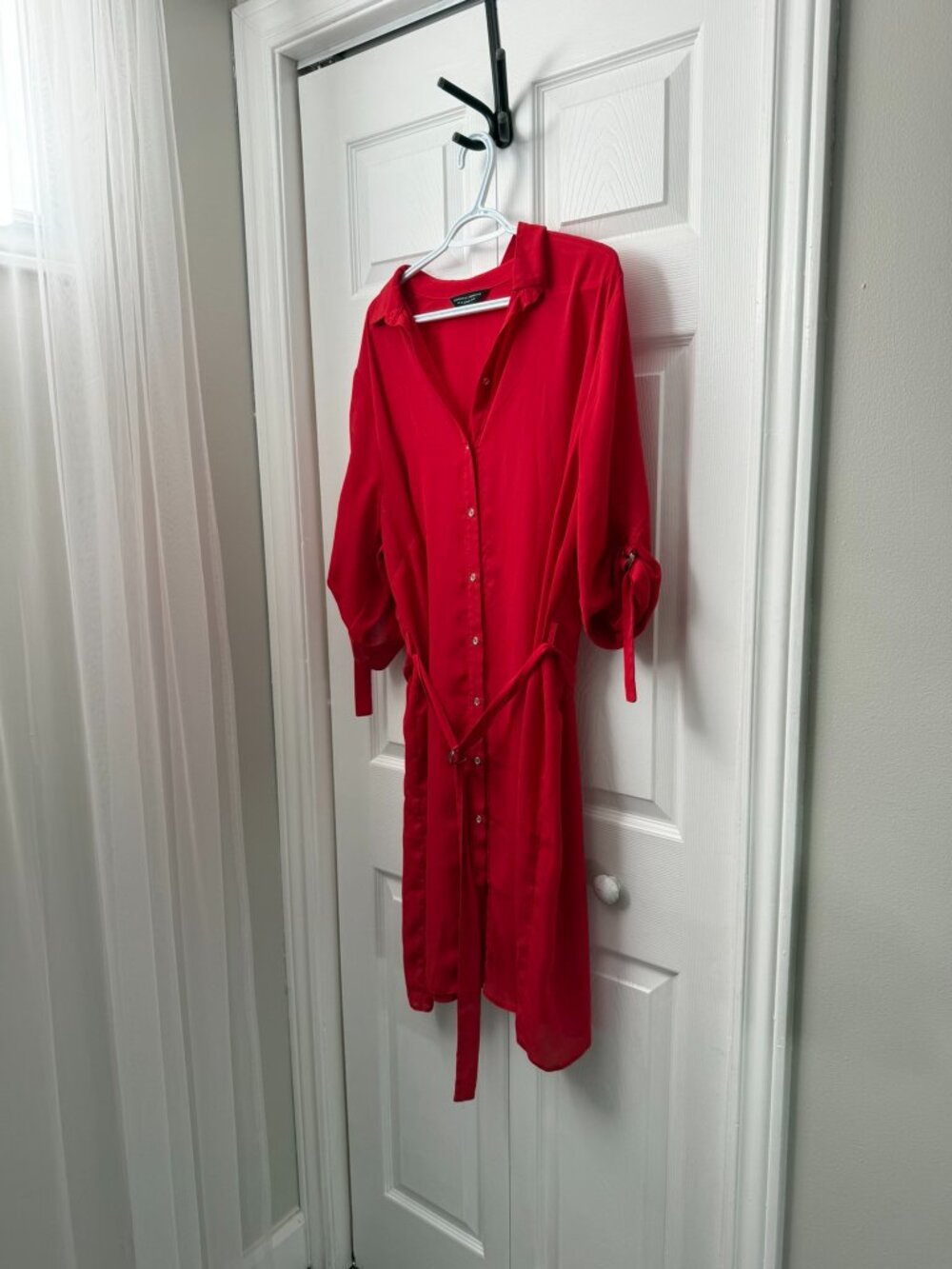 Vibrant Red Sheer Button-Down Shirt Dress with Belt